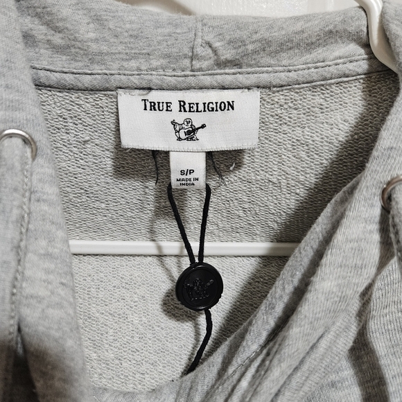 TRUE Religion Studded Bedazzled Gray Cropped Pintuck Pullover Hoodie Size Small - Picture 6 of 13
